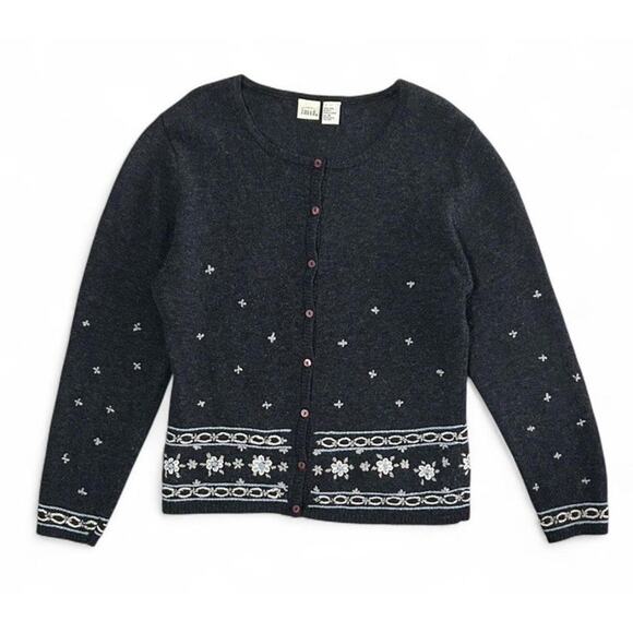 Vintage 100% Wool Woman’s Grey Button Up Cardigan Sweater Floral Embroidered XL - Picture 2 of 7